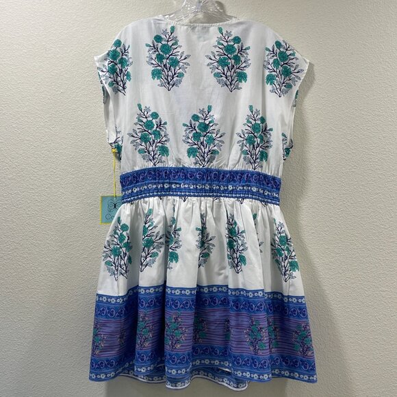 CECE (NWT) Sleeveless V-Neck Mini Dress Border Print Floral, White/Blue - L - Picture 3 of 12